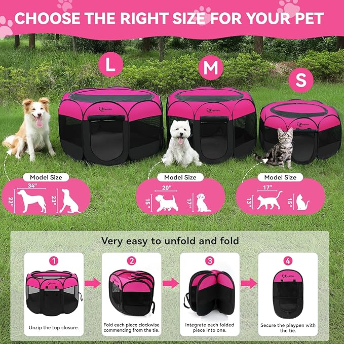 Dog Cat Playpen, Large Puppy Pet Playpen, Dog Crate Tent Cage Indoor/Outdoor, Portable Pop Up Dogs Kennel Playpen with Carrying Case for Dogs/Cats/Rabbits, Hot Pink