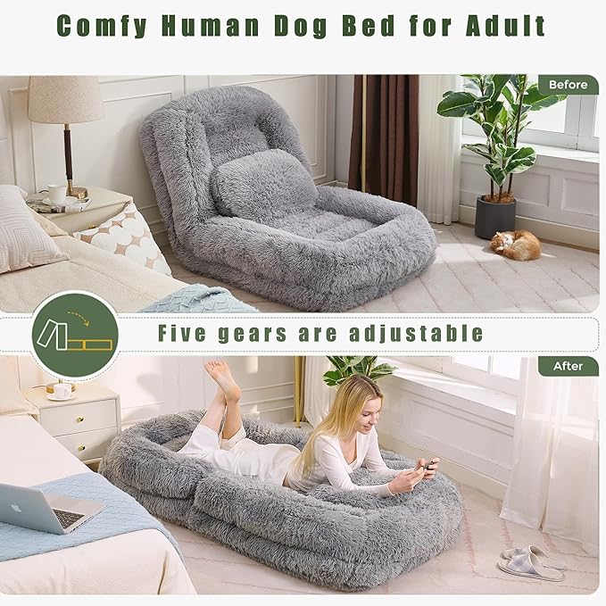 Adjustable 5-Position Human Dog Bed for People, Big Comfy Plush Floor Gaming Lazy Sofa Chair with Pillows & Back Support, Foldable Lounge Loveseat Couch for Living Room Bedroom (Light Gray)