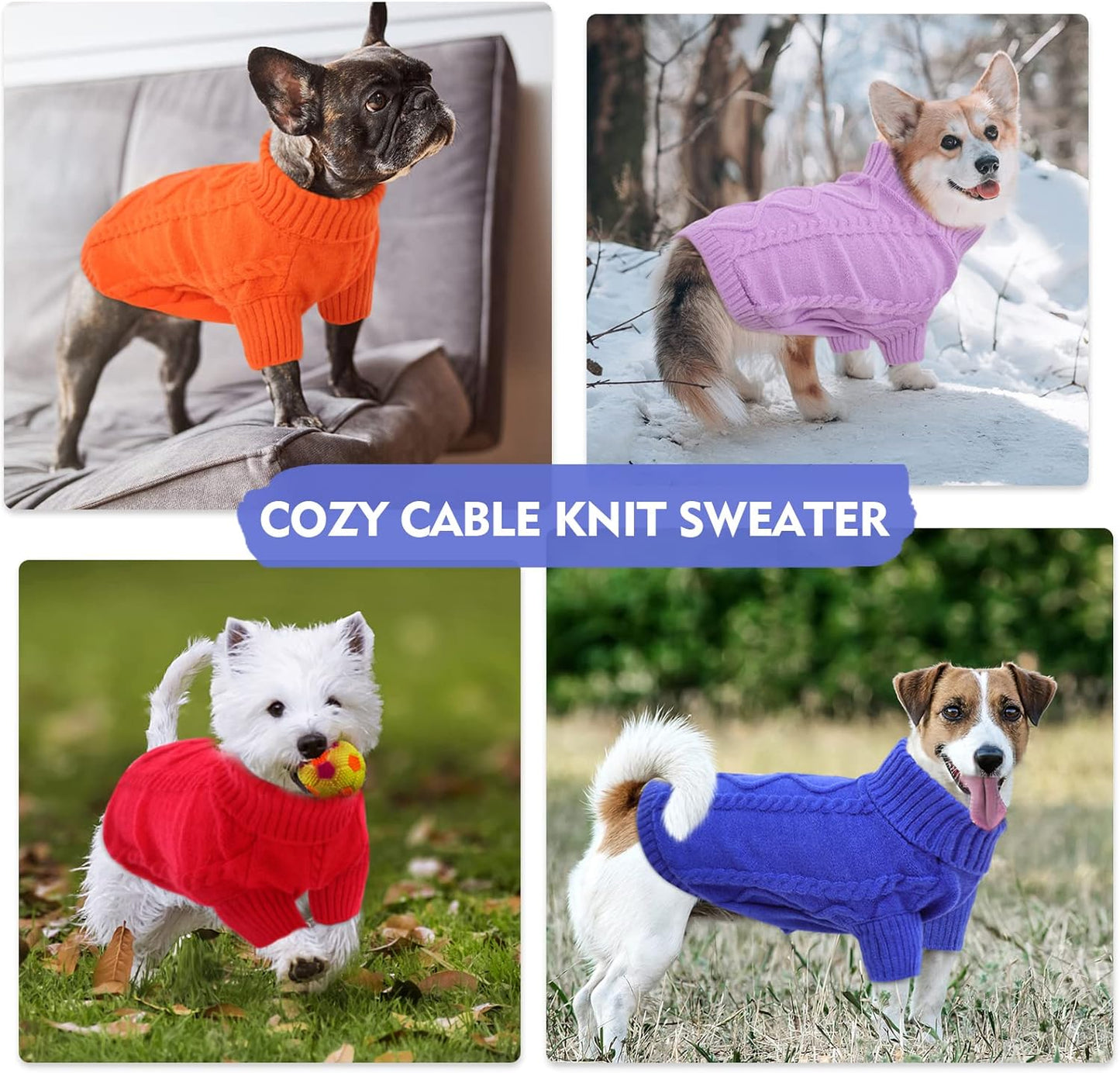 Queenmore Small Dog Pullover Sweater, Cold Weather Cable Knitwear, Classic Turtleneck Thick Warm Clothes for Chihuahua, Bulldog, Dachshund, Pug (Red, Small)