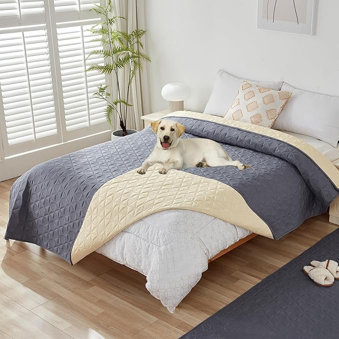 GIBZ Water Resistant Dog Bed Blanket Cover Large Anti Slip Pet Furniture Protector Washable Cat Quilted Mat for Couch, Grey, 210x305cm