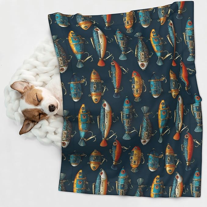 Waterproof Dog Blanket Soft Pet Blanket for Puppy Cat, Fleece Cat Throw Blankets for Furniture Bed Couch Sofa Reversible - Colorful Fishing Lures 2