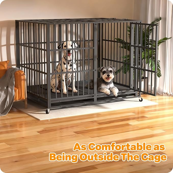 60 Inch Heavy Duty Dog Crate, Indestructible Escape-Proof Dog Kennel for High Anxiety Large Dogs, Strong Metal Pet Cage with Double Doors, Lockable Wheels & Removable Tray, XL XXL XXXL