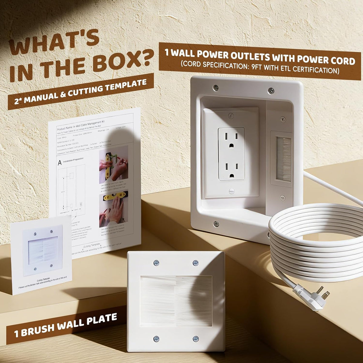in Wall Cable Management Kit With Recessed Tv Socket Box, 9FT Cord, Tv Cable Concealment Management Kit, Wall Mounted Tv Recessed Socket Box Suitable for All Plugs
