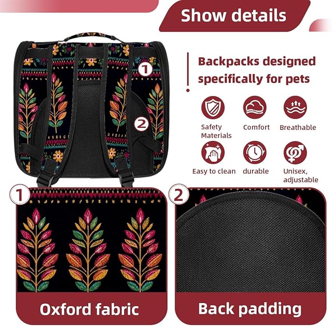 Portable Travel pet Backpack Carrier Hamster Bag Small Dog cat Carrier Breathable Hang Bag, Motifs African Boho Paisley Floral (29)
