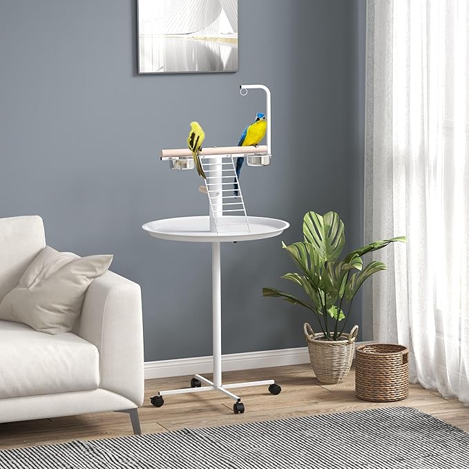 PawHut Bird Stand, Parrot Stand with Wheels, Perches, Stainless Steel Feed Bowls, Round Tray, Bird Play Stand for Indoor Outdoor, White