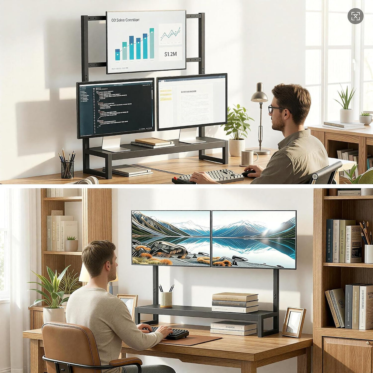 YAOHUOO Computer Monitor Mount Arm with LED, Heavy Duty Fully Adjustable Stand with C-Clamp, Computer Screen Storage Shelf for Office,Living Room