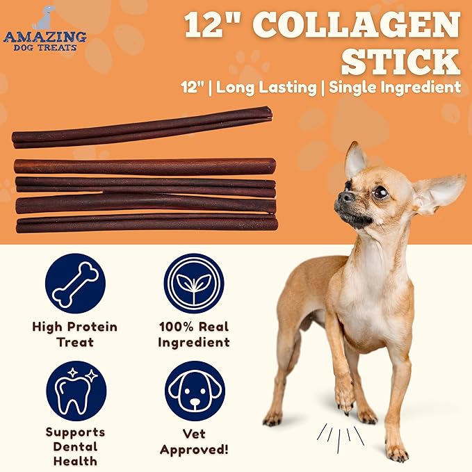 Amazing Dog Treats 12 Inch Collagen Stick - (20 Count)- Collagen Sticks for Dogs - No Hide Dog Bones