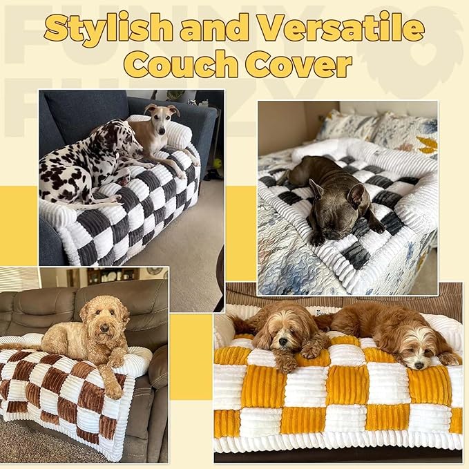 Pet Couch Covers for Sofa, Dog Couch Cover Protector, Fuzzy Sofa Cover Cream Square Plaid Dog Bed Plush Dog Mat for Furniture Protector for Large Medium Dogs and Cats