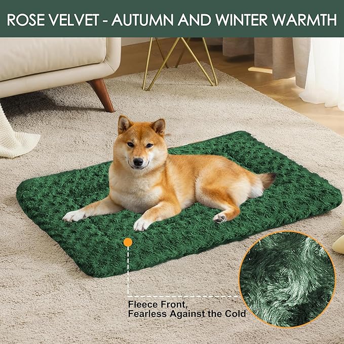Washable Dog Bed Plush Orthopedic Outdoor Crate Mat with Non-Slip Bottom,Luxe Soft Kennel Pad for Pets,Cozy Cage Cushion & Pet Sleeping Mattress Large Sized,Medium,Small Dogs,36 x 24 inch,Green