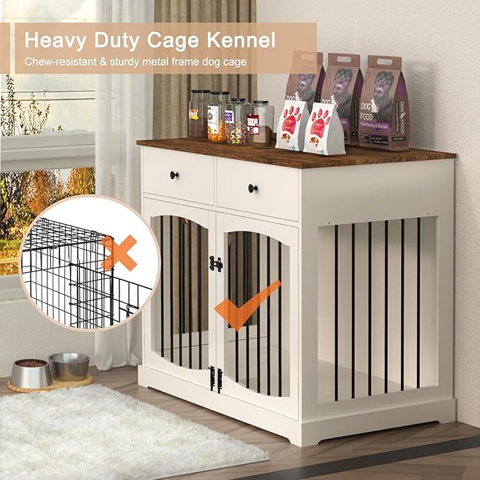 BREEZEHEAT 40 inch Dog Crate Furniture-Farmhouse Dog Kennel with Drawers-End Table Wooden Pet Crate, Double Door Design, Decorative Dog House Indoor for Small Medium Large Dog,Off White