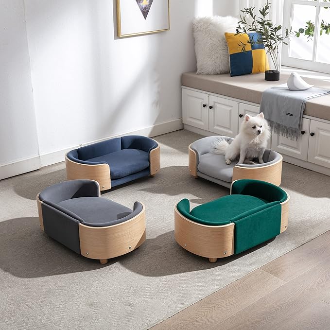 Luxury Dog Bed Pet Sofa - Solid Wood Legs & Bent Wood Back, Removable Washable Velvet Cushion, Modern Pet Furniture for Small/Medium Dogs/Cats (Light Grey)