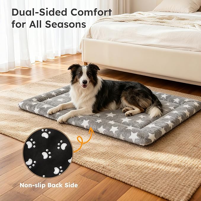 Dog Bed Mat, Dual-Sided Dog Crate Bed Mat - Ultra Soft & Machine Washable Kennel Pad for Large Dogs, All-Season Comfort Pet Bed for Crates, Travel, and Home, Star Gray, 35 x 23 Inch