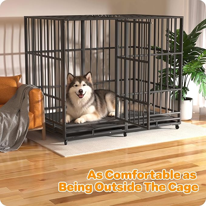 54 Inch Heavy Duty Dog Crate, Indestructible Escape-Proof Dog Kennel for High Anxiety Large Dogs, Strong Metal Pet Cage with Double Doors, Lockable Wheels & Removable Tray, XL XXL XXXL
