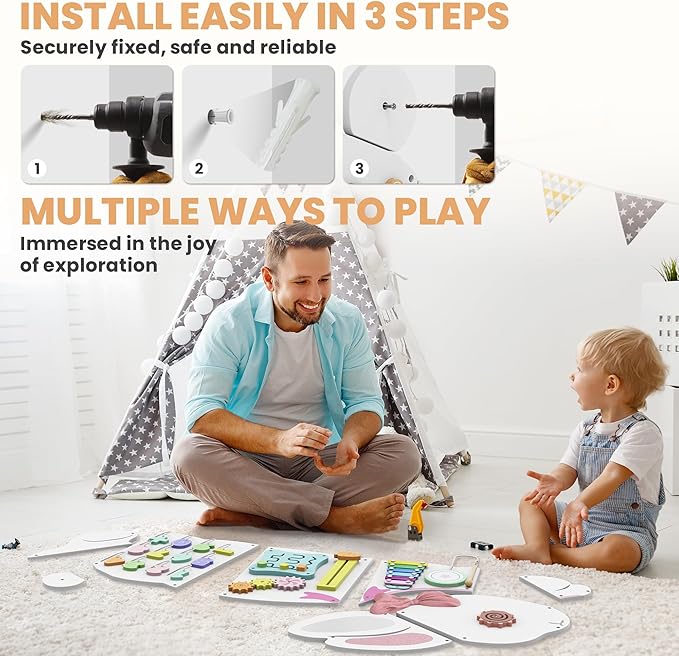 BlueWood Wooden Wall Busy Board Panels, Toddler Learning Activity Center, Montessori Philosophy Sensory, Educational Toys, Conducive to All-Round Development - Rabbit