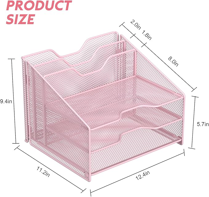 samstar Pink Desk File Organizer, Mesh Letter File Folder Holder with 3 Paper Trays and 2 Vertical Upright Section, for Office Supplies, Desk Accessories & Workspace, Pink