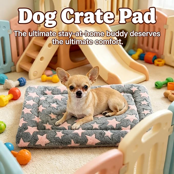 Dog Bed Mat - Reversible Dog Crate Bed Mats, Soft & Breathable Kennel Pad, Durable Crate Bed for Small Dogs & Cats (Pink&Gray Stars, S(24"*16"*1.2"))