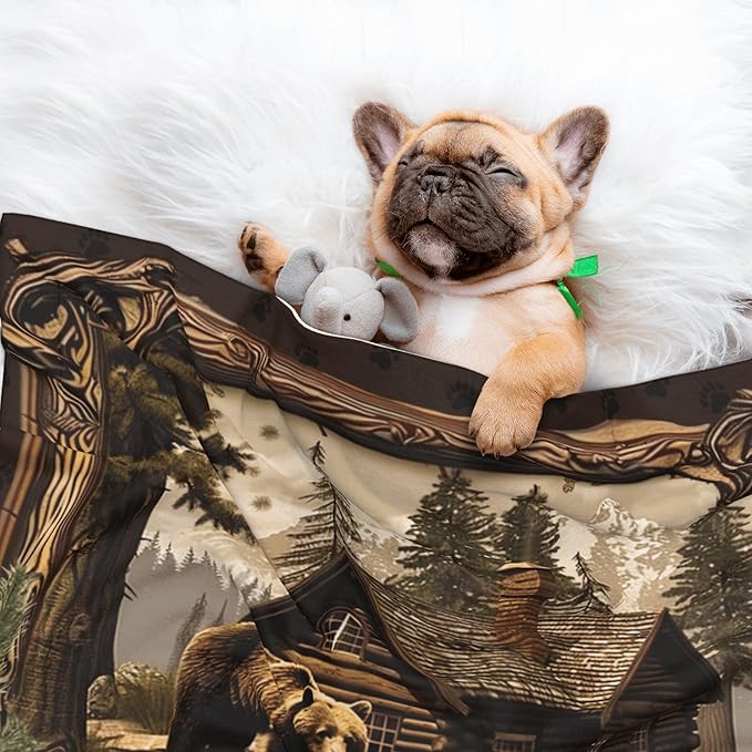 Cabin Bear Throw Blanket - Rustic Blanket for Dog Cat Pet 30x20 Wood Blankets for Couch Sofa Bed