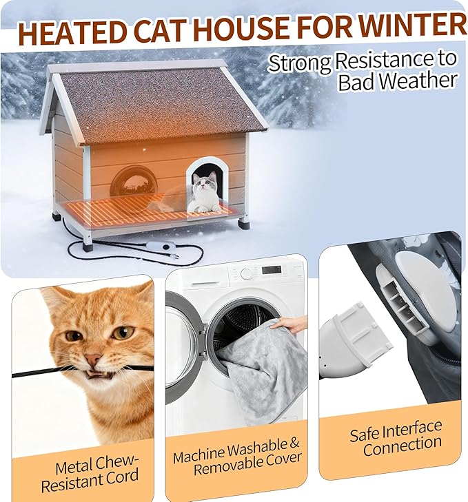 Rockever Heated Outdoor Cat House, 100% Weatherproof Heated Cat House for Outside Cats Winter with Heating Pad, Safe Escape Door and Clear Windows for 2 Cat