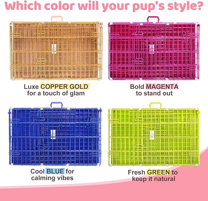 HOMEY PET Pink Dog Cage Large Dogs, Cute 42 Inch Dog Crate Big Collapsible XL Dog Kennel, Nano-Coated Metal Wire Dog Crate with Removable Floor Grid Tray, Double Doors Dual Locks, Portable Handle