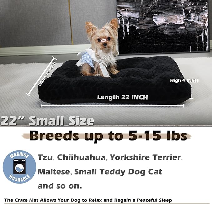 Dog Crate Mat for Dog Cages Black Dog Bed for Small Dogs 22 Inch Dog Crate Bed Washable Dog Mats for Sleeping,Up to 15 lbs Soft and Fluffy Small Dog Bed for Crate Tire Printing Black…