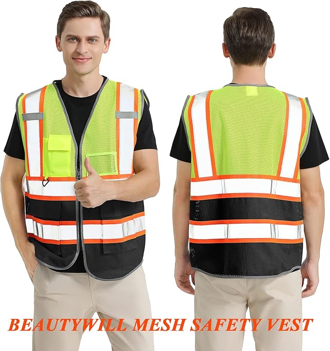 BeautyWill 5 Pack Custom Mesh Safety Vest Customized Logo Class2 High Visibility Reflective Vest with Pockets Construction workwear（Yellow Black，4XL ）