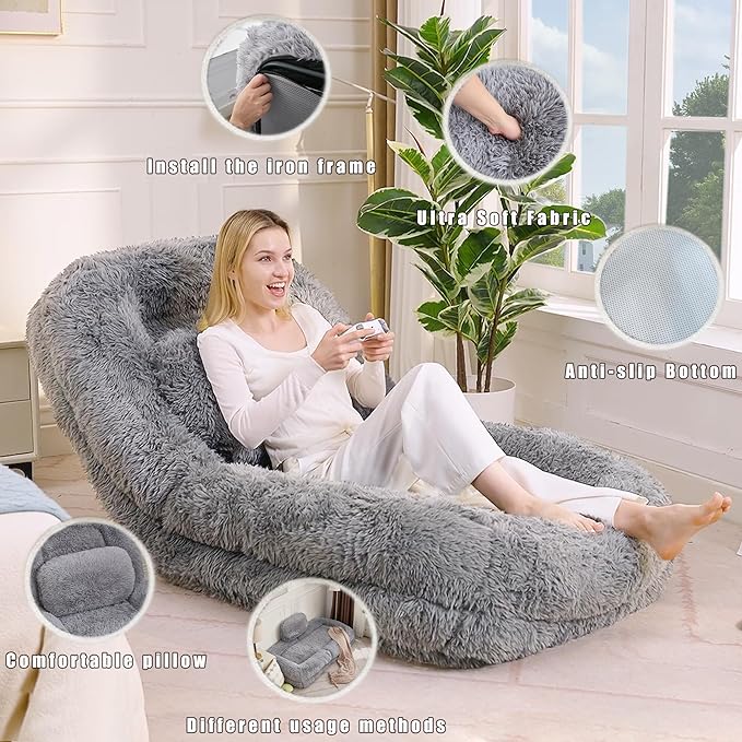 Adjustable 5-Position Human Dog Bed for People, Big Comfy Plush Floor Gaming Lazy Sofa Chair with Pillows & Back Support, Foldable Lounge Loveseat Couch for Living Room Bedroom (Light Gray)