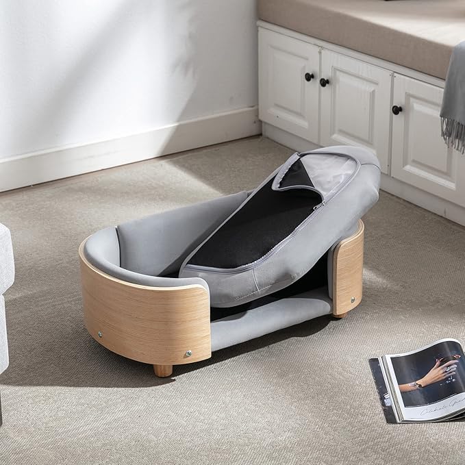 Scandinavian Style Elevated Dog Bed with Solid Wood Frame, Orthopedic Pet Sofa with Removable Washable Cover, Small Size Pet Furniture (Light Gray)