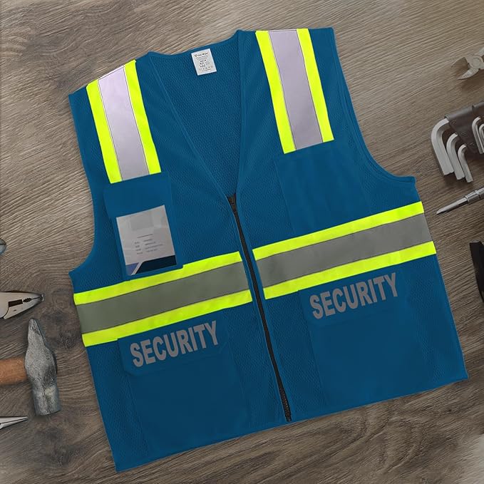 Security Vest for Men Women, High Visibility Vest with Pockets & Zipper, Neon Work Wear with Reflective Strips, ANSI Compliant, Blue, 2XL