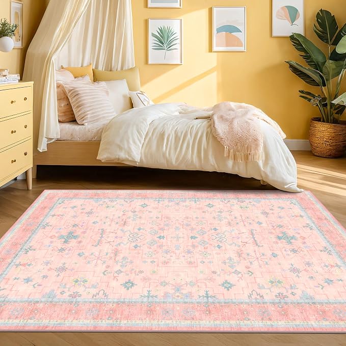 Pink Rugs for Bedroom Girls, 5x7 Washable Area Rug for Living Room Nursery Kids