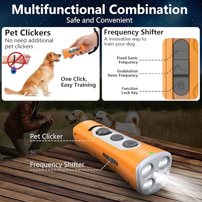 MODUS New Anti Barking Device, 4X Ultrasonic Emitters Dog Bark Deterrent Device, Rechargeable Handheld Dog Barking Control Devices Dog Training&Behavior Aids with 50ft Range Indoor Outdoor(Yellow)