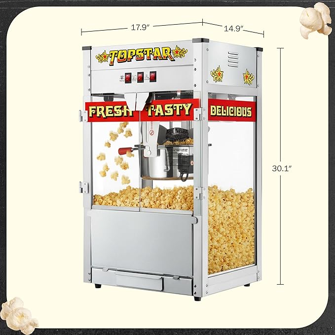 Top Star Popcorn Machine - 12oz Stainless-Steel Kettle, Reject Kernel Tray, Warming Light, and Accessories by Great Northern Popcorn (Red and Yellow)