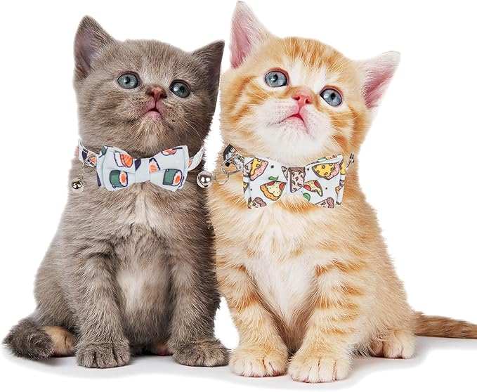 ADOGGYGO Cat Collar Breakaway with Bow Tie Bell - 2 Pack Kitten Collar with Removable Bowtie, Sushi Pizza Bowtie Collar for Cats Kittens (7.5"- 10.5")