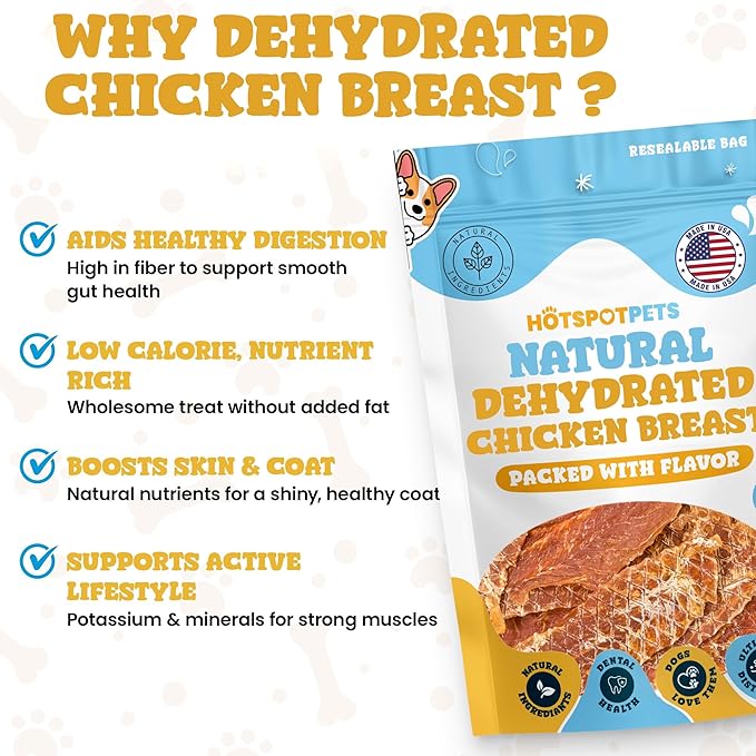 hotspot pets Dehydrated Chicken Breast Tenders- USA Chicken Breast -2lb Reasealable Value Bag, All-Natural, Made in USA - High Protein, Low Fat, Raw Dehydrated Chicken Breast Fillets Dog Treats