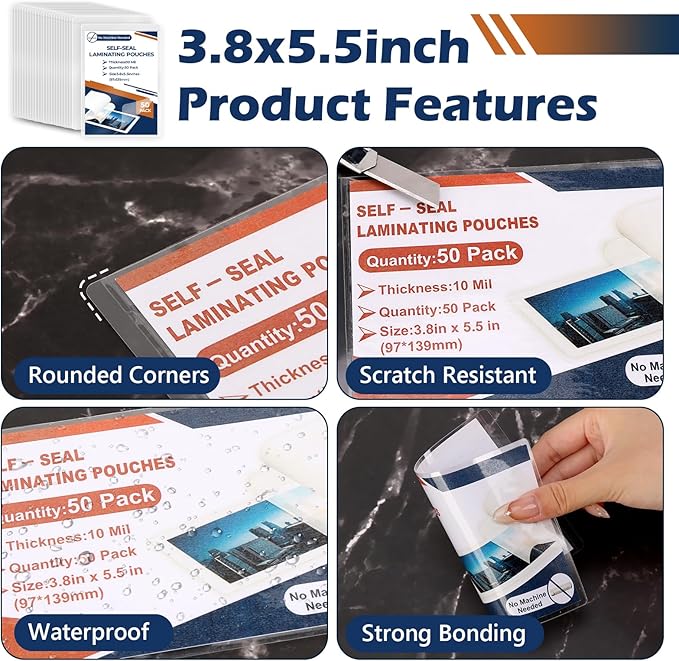 25 Pack 10 Mil 3"x5" Self Sealing Laminating Pouches Self Adhesive Lamination Pouches Clear Laminate Sheets for Photos Index Cards Office School(No Heat Laminating Sheets & No Laminator Machine Need)