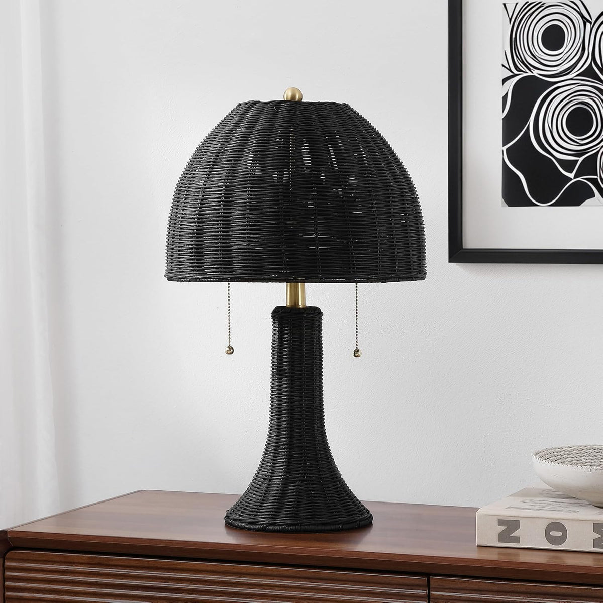 JONATHAN Y Joanie 2-Light Table Lamp 22" Rattan, Black/Brass Gold