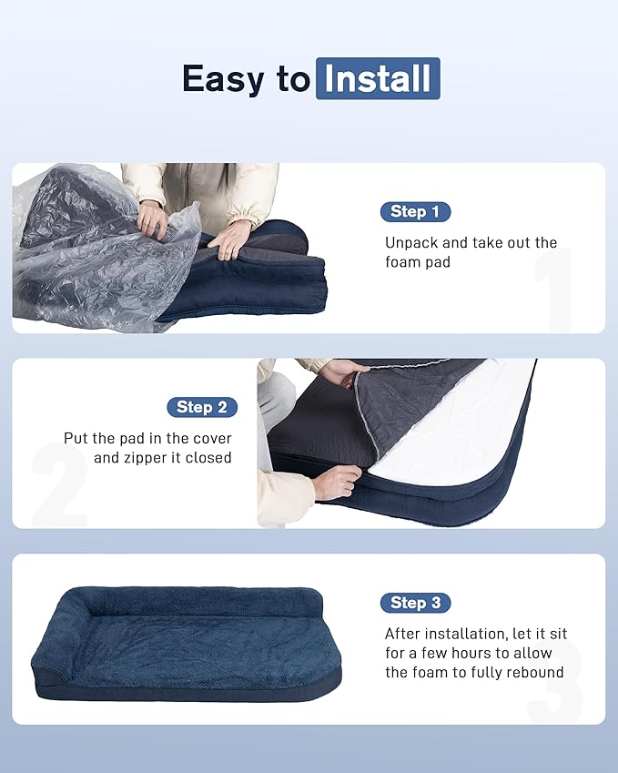 30'' x 20'' x 3.2'' L-Shaped Orthopedic Dog Beds, Small Dogs Bed with Removable Cover and Nonskid Bottom, Navy Blue