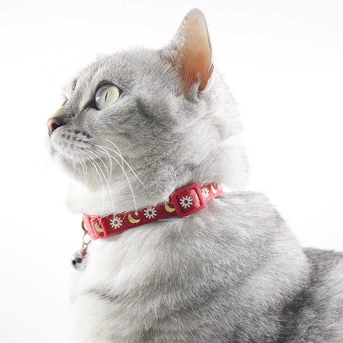 3 PCS Breakaway Cat Collar with Bell, Moon Cat Collar Adjustable Cute Kitten Collars Soft for Cat Puppy 7-10.2in (Red Pink Purple)