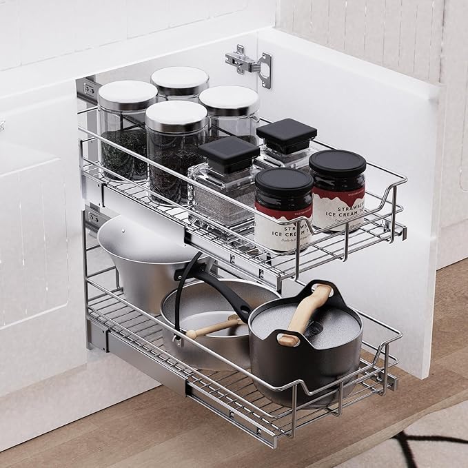 2 Tier Pull Out Cabinet Organizer 18" W X 22" D, Slide Out Drawers For Kitchen Cabinets, Pull Out Drawers For Cabinets Capacity Heavy Duty Caddy, Cabinet Pullout Shelves Chrome-Plated,Bathroom Pantry