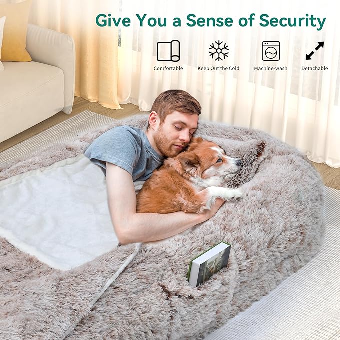 DWVO Human Dog Bed for Adult, 79" L X 43" W Large Human Size Dog Bed with Blanket and Pillow, Removable Cover, Dark Brown