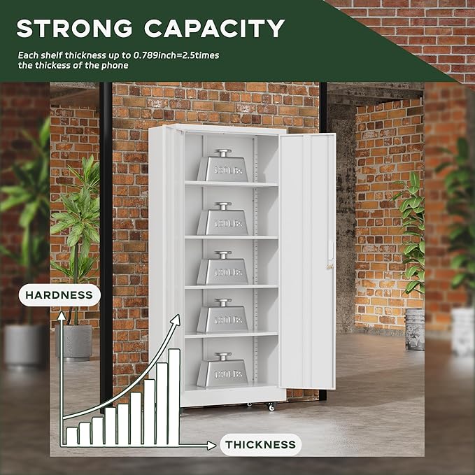 Greenvelly Metal Garage Storage Cabinet with Wheels, 73" White Steel Rolling Cabinet with 2 Door Lock and Adjustable Shelves,Locking Storage Cabinet for Garage Home Office Utility Room