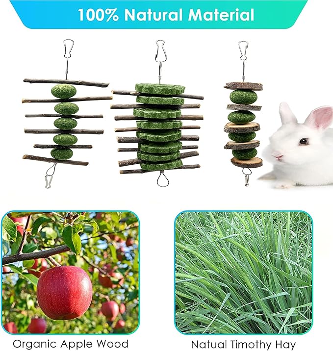 BallHull 3 Pcs Bunny Teeth Grinding Chew Toys, Apple Branch Chewing Sticks with Grass Ball and Grass Cake for Rabbits Bunnies Hamsters Guinea Pigs