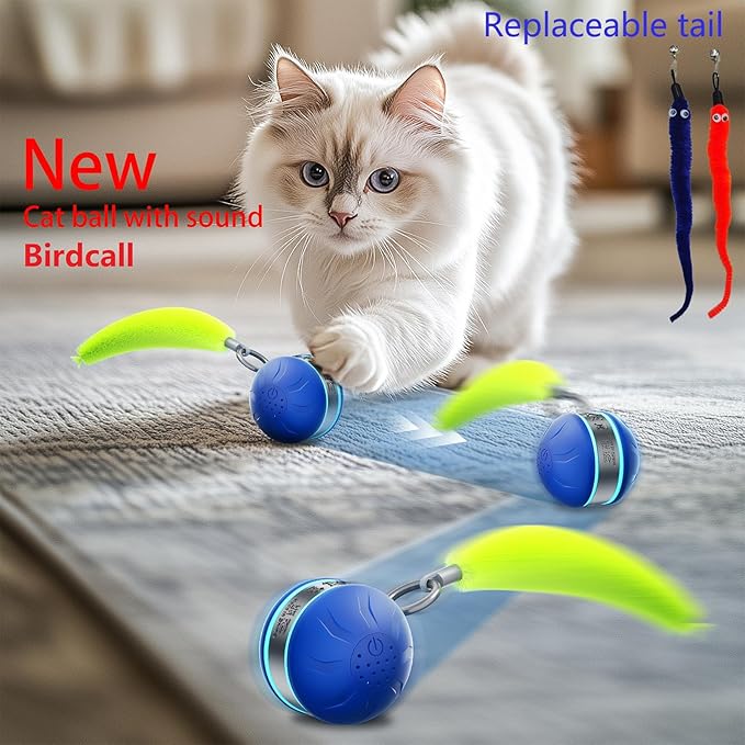 Interactive Cat Toy Ball Automatic Interactive Cat Toys for Indoor Cats with Birdsong 3 Tails 3 Modes Newly Upgraded Speedy 2.0 Tail Cat Toys for Kitten/Small/Medium/Large Cats to Keep Them Busy(Blue)