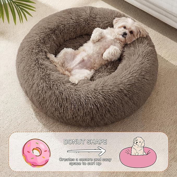 Calming Dog Bed, 24" x 24" x 6" Fits Cat & Dog, Anti-Slip Round Washable Faux Fur for Doze Off, Napping Orthopedic, Khaki