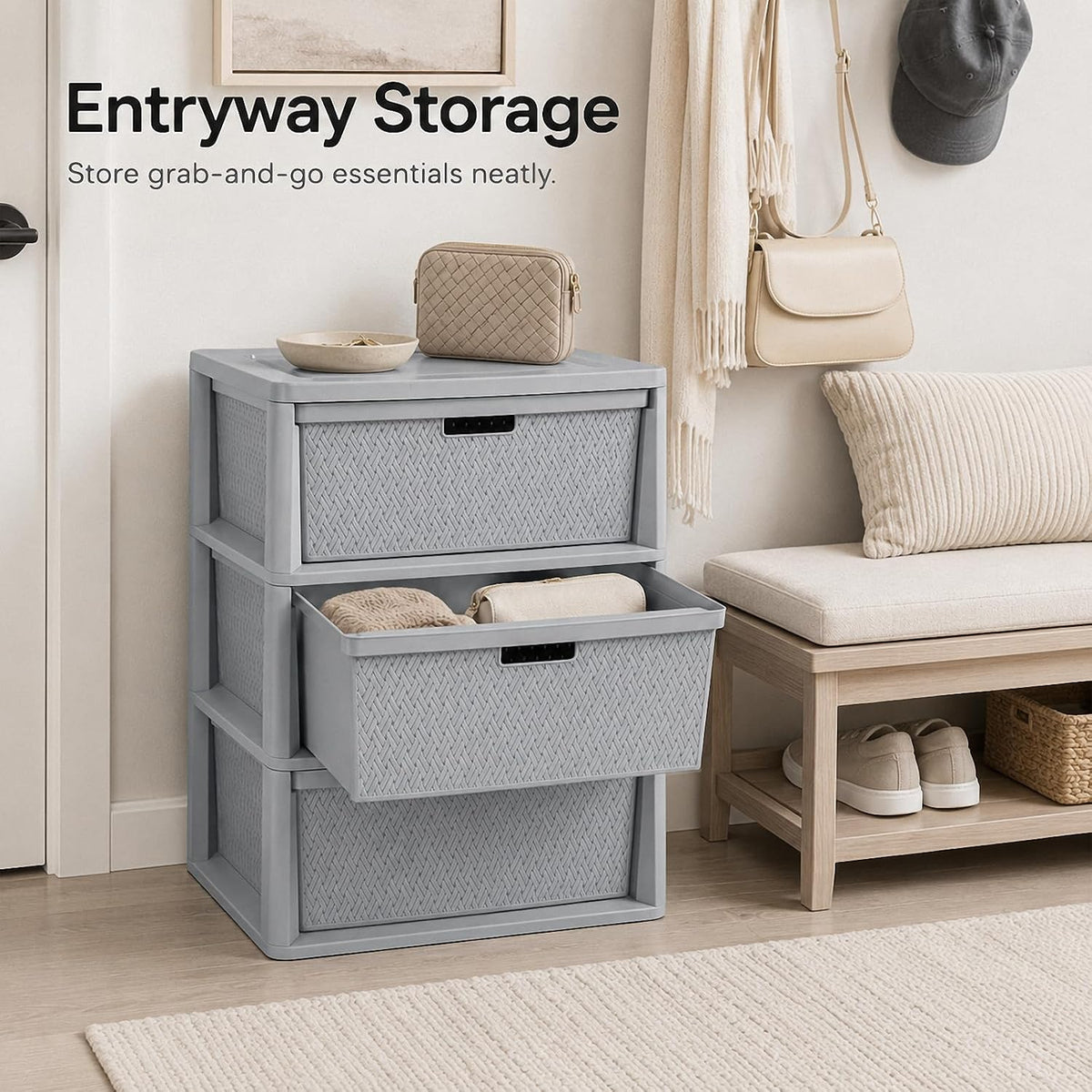 3 Drawer Storage Organizer, Plastic Drawer Organizer Tower, Gray