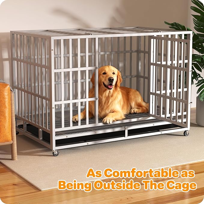 48 Inch Heavy Duty Dog Crate, Indestructible Escape-Proof Dog Kennel for High Anxiety Large Dogs, Strong Metal Pet Cage with Double Doors, Lockable Wheels & Removable Tray, XL XXL XXXL