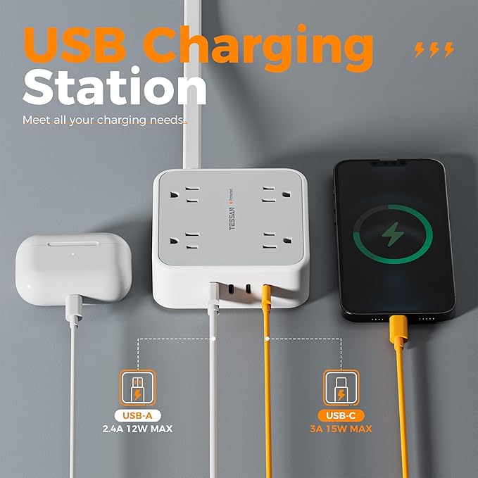 Surge Protector Power Strip, TESSAN 5 FT Extension Cord with Multiple Outlets Flat Plug, 4 USB (3 USB C) and 8 AC Outlets, 900J Protection, Wall Mount Charging Station for Home Office Supplies