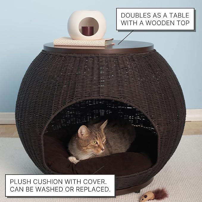The Refined Canine Igloo Indoor Dog Bed & Cat Bed in Espresso, Multipurpose Pet Bed with Table Top, Claw-Proof Faux Rattan is Easy to Clean, Includes Washable & Replaceable Covered Cushion