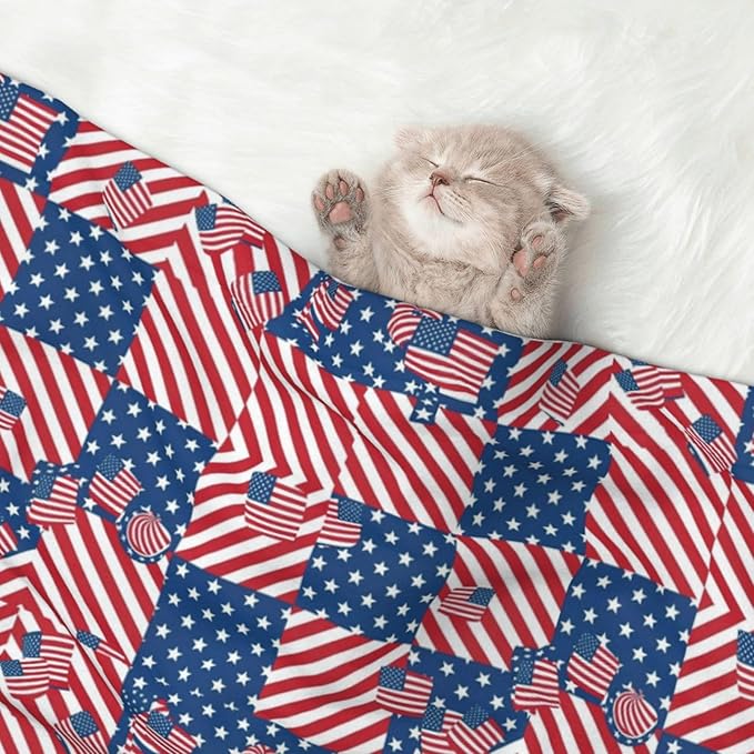 Pet Blanket for Indoor Outdoor Use, American Flag Plaid Pattern, Two Sided Reversible Plush Mat with Bumpy Dot Texture for Patios Crates Portable Bed Companion