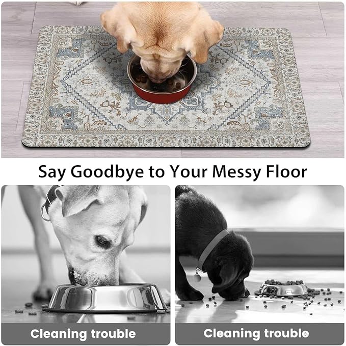 Dog Food Mats for Floors, Absorbent and Quick-Drying Pet Cat Food Mat,Anti-Fouling and Easy-to-Clean Pet Feeding Mat,Dog Bowl Mat for Messy Drinking Water Bowls.17 x32, Bohemia Style