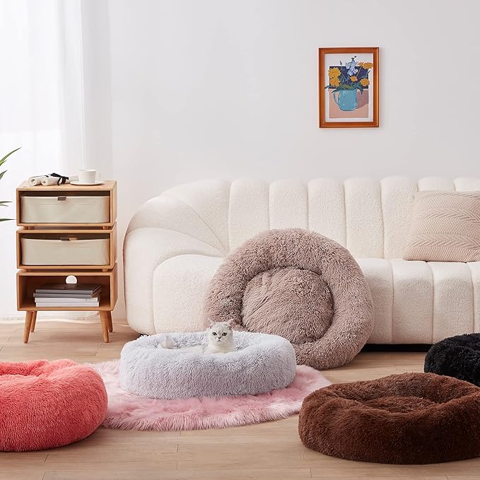 SunStyle Home Dog Bed Medium Size, Machine Washable Donut Round Calming Dog Bed, Anti-Anxiety Fluffy Plush Faux Fur with Anti-Slip Bottom Cushion for Medium and Large Pets